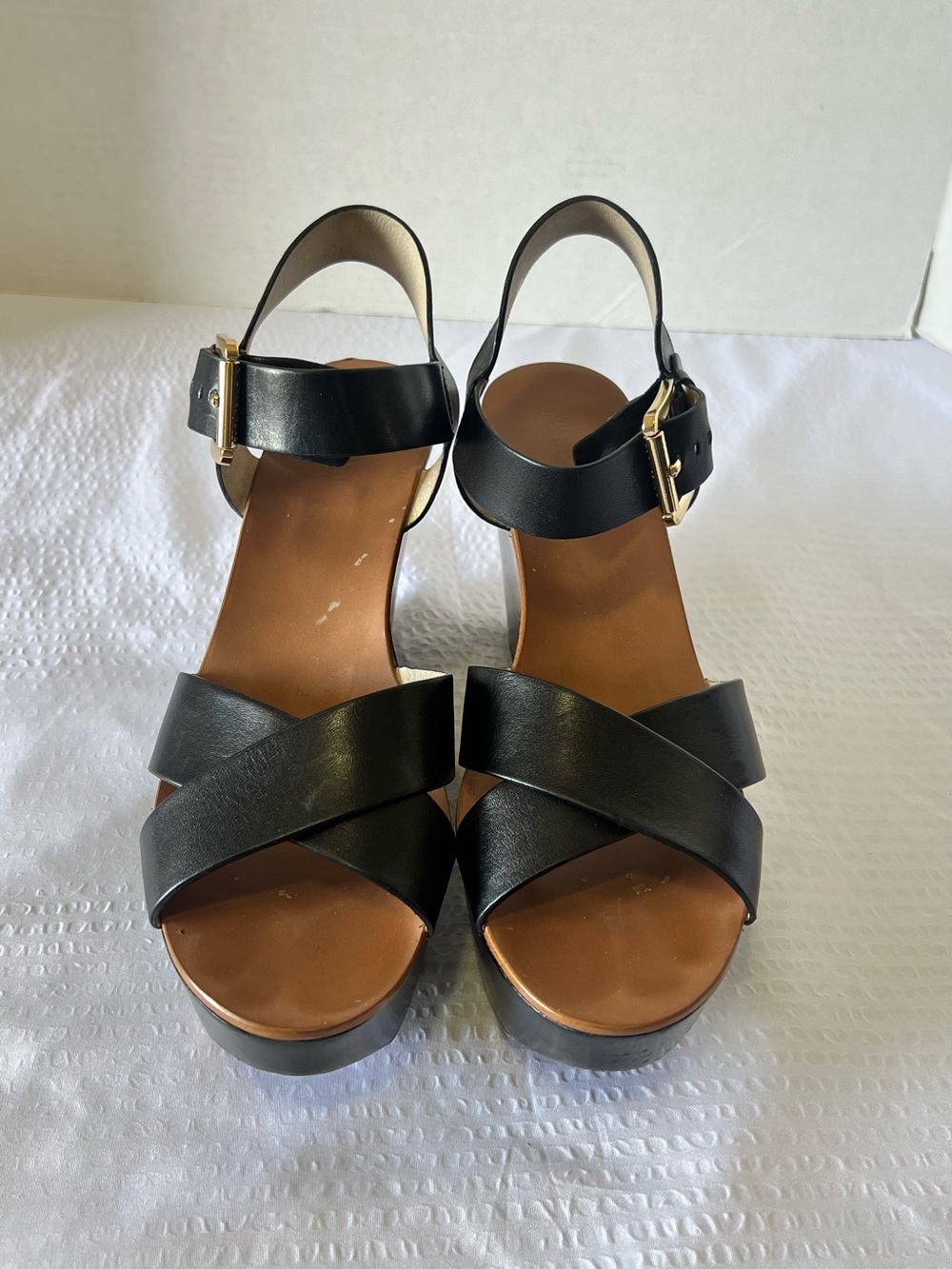 Michael Kors Black Crisscross Platform Wedge Sandals with Gold Buckle